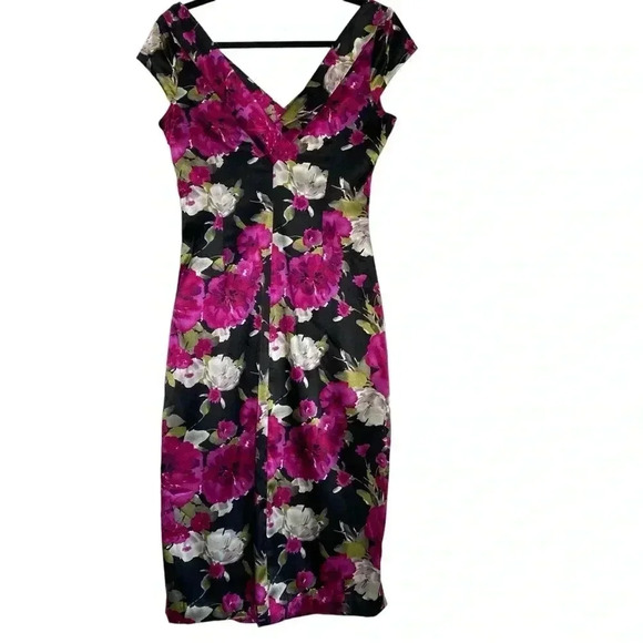 MAGGIE LONDON Fuchsia multicolored floral drape silky sheath dress size 10 - Picture 2 of 8